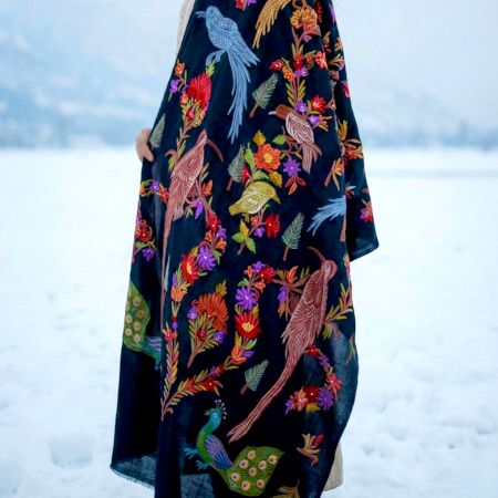 Kashmiri Black Woolen Cashmere Shawl with Hand Embroidered Birds